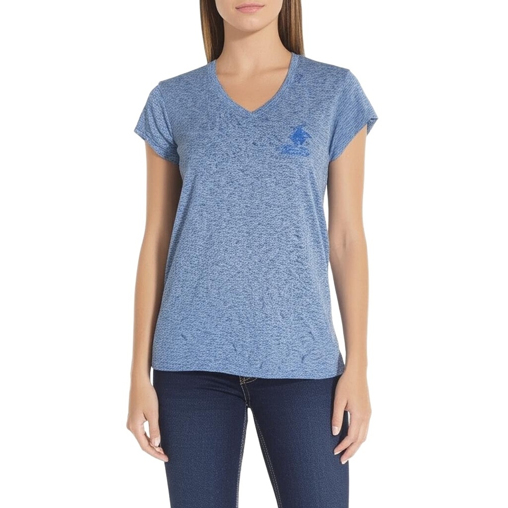 BEVERLY HILLS POLO CLUB T-Shirt Womens Size M Blue Heathered V-Neck Athletic